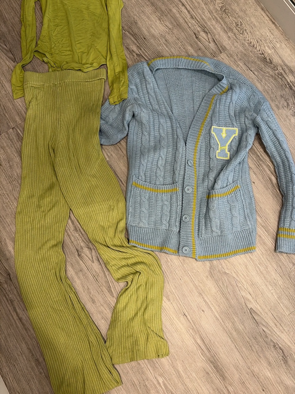 Three pieces baby blue Cable-Knit Cardigan with Lime Ribbed Set
